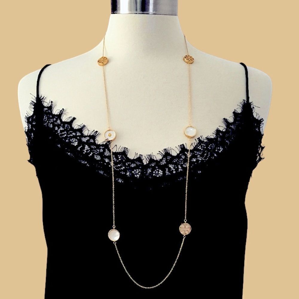 TORY BURCH 18K GOLD AND MOTHER OF PEARL DOUBLE T LOGO NECKLACE